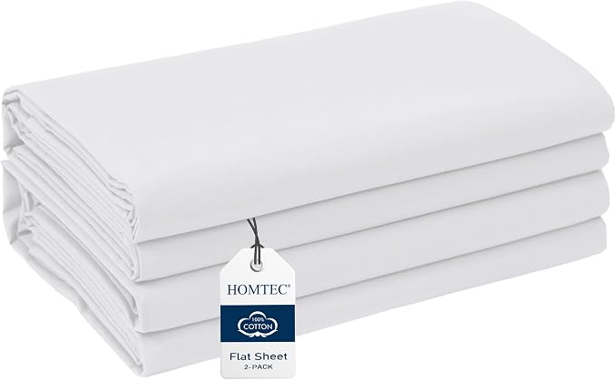 Twin/Twin XL Size Flat Sheet 2 Pack, 100% Cotton Percale Flat Bed Sheet by HOMTEC