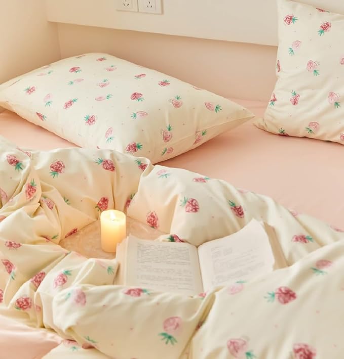 Nayoroom Strawberry Duvet Cover Set Full Size Girls Cute Pink Strawberries - Image 4