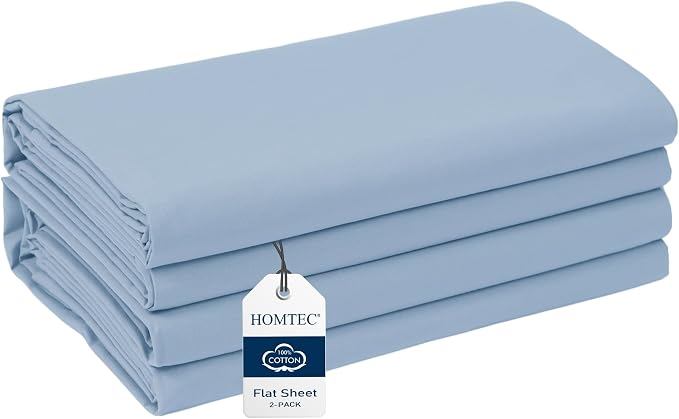 Twin/Twin XL Size Flat Sheet 2 Pack, 100% Cotton Percale Flat Bed Sheet by HOMTEC