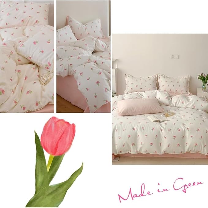 Nayoroom Pink Floral Duvet Cover Twin Size Cute Tulip Printed on White - Image 4