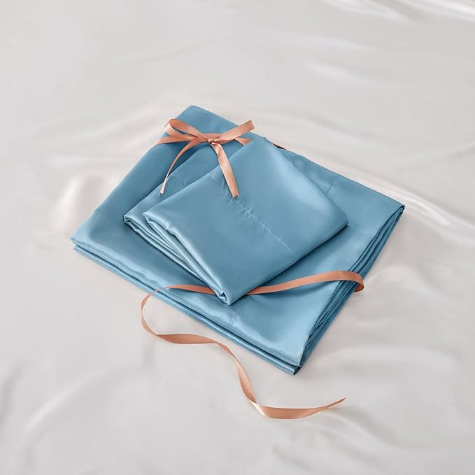 BEDELITE Satin Sheets Full Size Bed Set, Luxury Soft Airy Blue Silky Sheets - Image 7