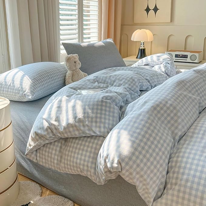 Nayoroom Gingham Duvet Cover Twin Size Blue White Plaid Checkered Comforter - Image 2