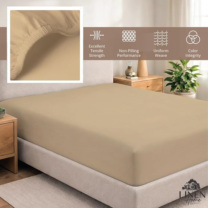 Linen Home 100% Cotton Percale Weave Fitted Sheet, Twin Size, Light Taupe - Image 5