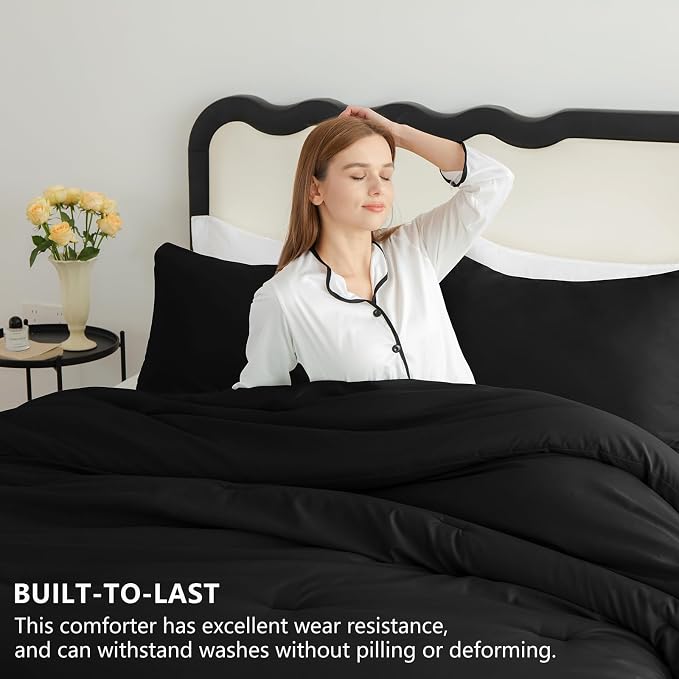 CozyLux Oversized Queen Comforter Set Black, 3 Pieces 98x98 Solid Breathable - Image 2