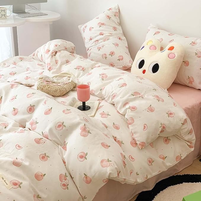 Nayoroom Pink Peach Duvet Cover Full Size Kawaii Fruit Peaches Rabbit Printed by Nayoroom