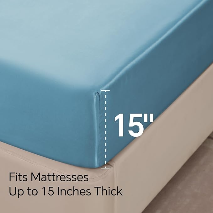 BEDELITE Satin Sheets Full Size Bed Set, Luxury Soft Airy Blue Silky Sheets - Image 6