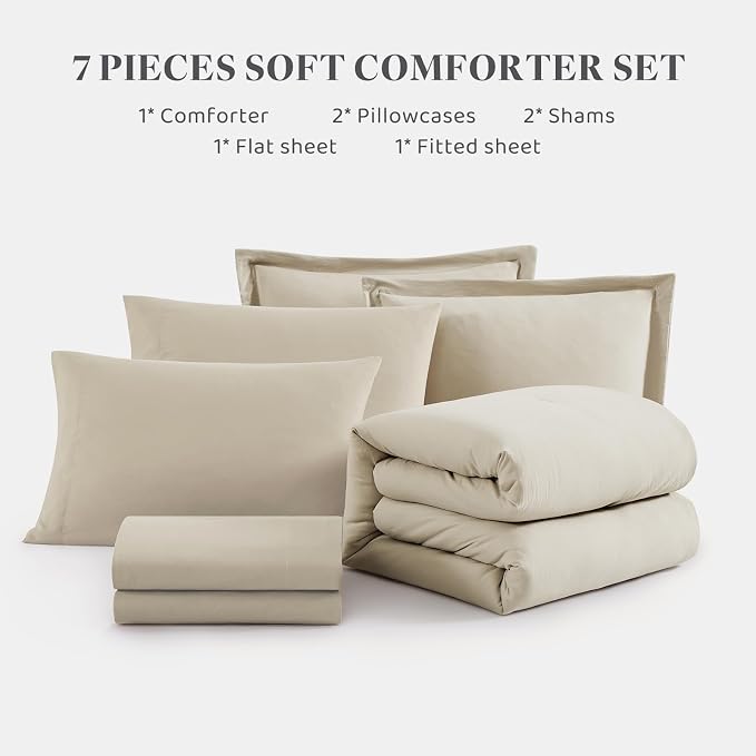 WRENSONGE California King Size Comforter Sets- 7 Pieces Soft Light Oatmeal Bed - Image 7