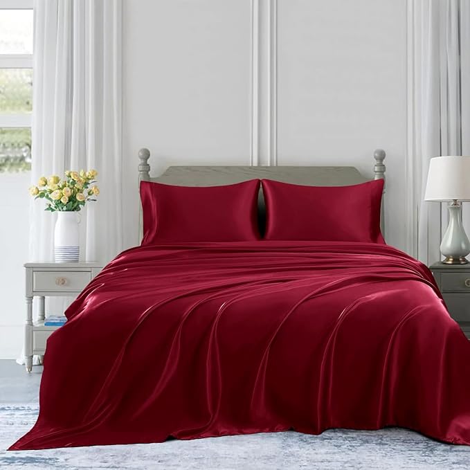 Homiest Burgundy Satin Queen Flat Sheet, Silky Bedding Top Sheet - Image 5