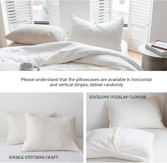 Simple&Opulence 100% Linen Duvet Cover Set 3pcs Yarn Dyed Vertical Pinstripe - Image 4