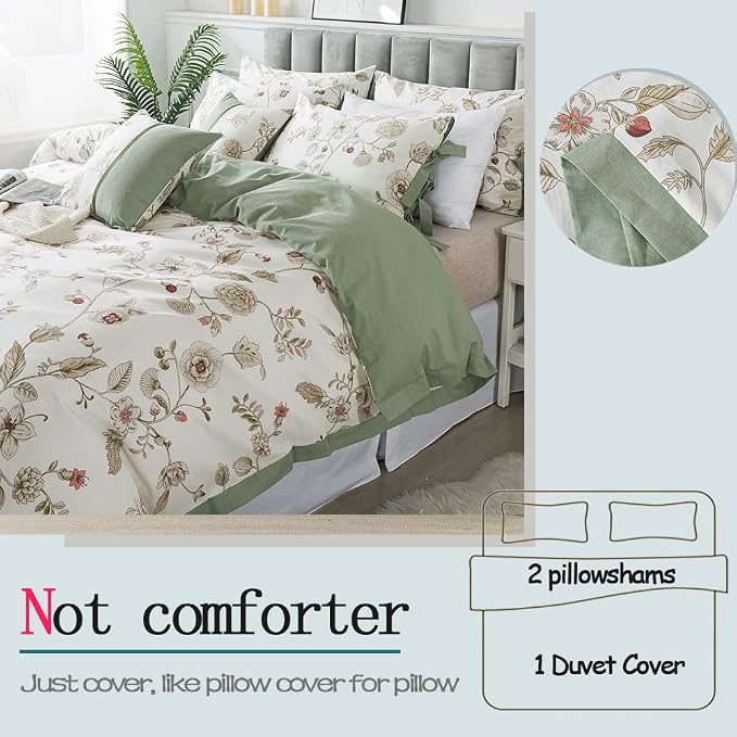 FADFAY Floral Bedding Set Twin 100% Cotton Shabby and Chic Beige Green - Image 4