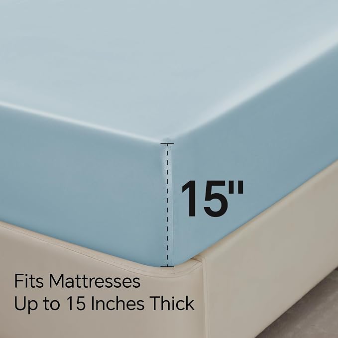 BEDELITE King Size Sheets Set, Luxury Soft Light Blue Satin Sheets - Image 6