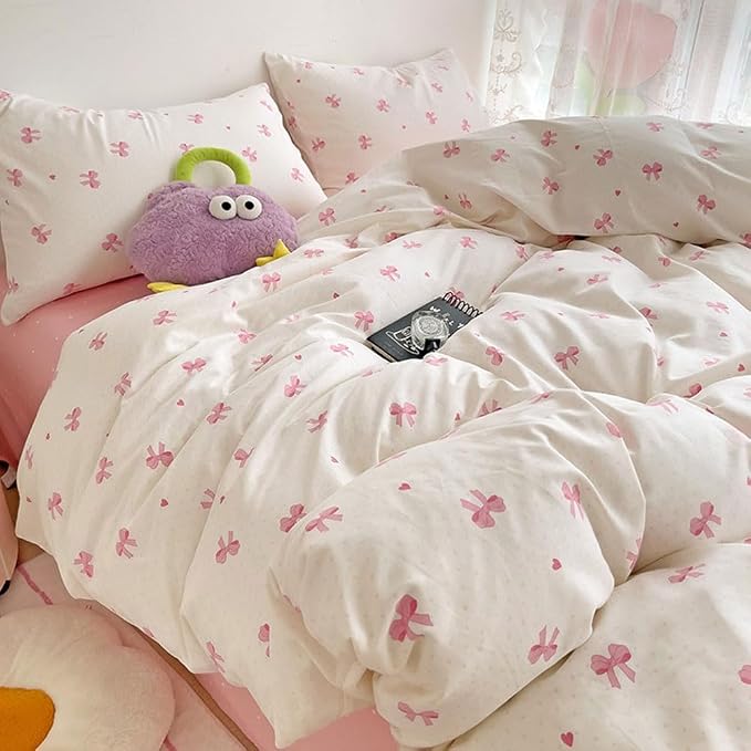 Nayoroom Pink Bow Duvet Cover Queen Size Heart Bows Printed Coquette Bedding - Image 5