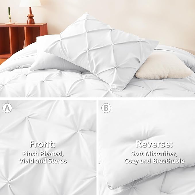 HIMEET Pintuck Bed in a Bag, 7 Pieces California King Comforter Set White - Image 3