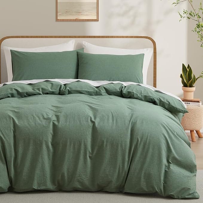 LOVQUE 100% Washed Cotton Duvet Cover King Size, Mint Green Fade-Resistant by LOVQUE