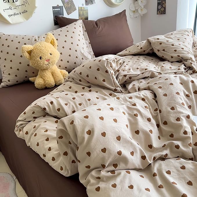 Nayoroom Brown Heart Duvet Cover Full Size Vintage Hearts Printed on Taupe - Image 3