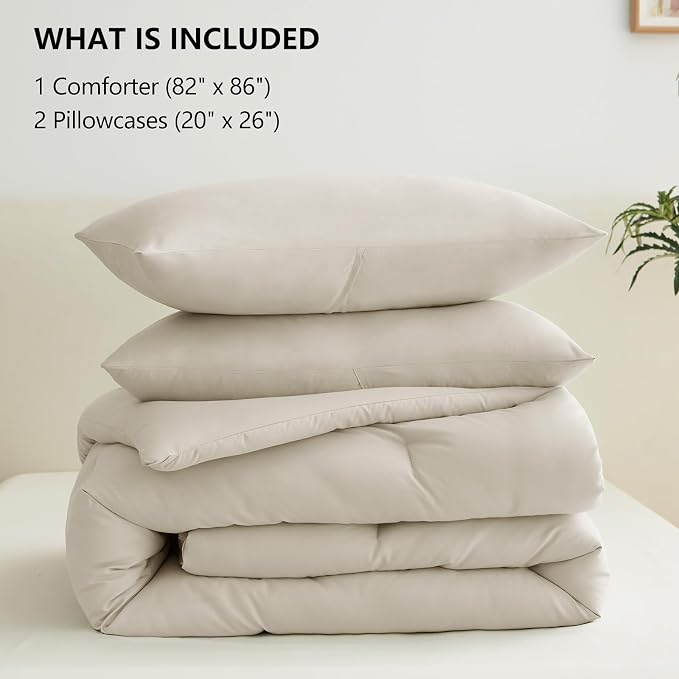 CozyLux Full Size Comforter Set Oatmeal, 3 Pieces Solid Breathable Quilted - Image 6