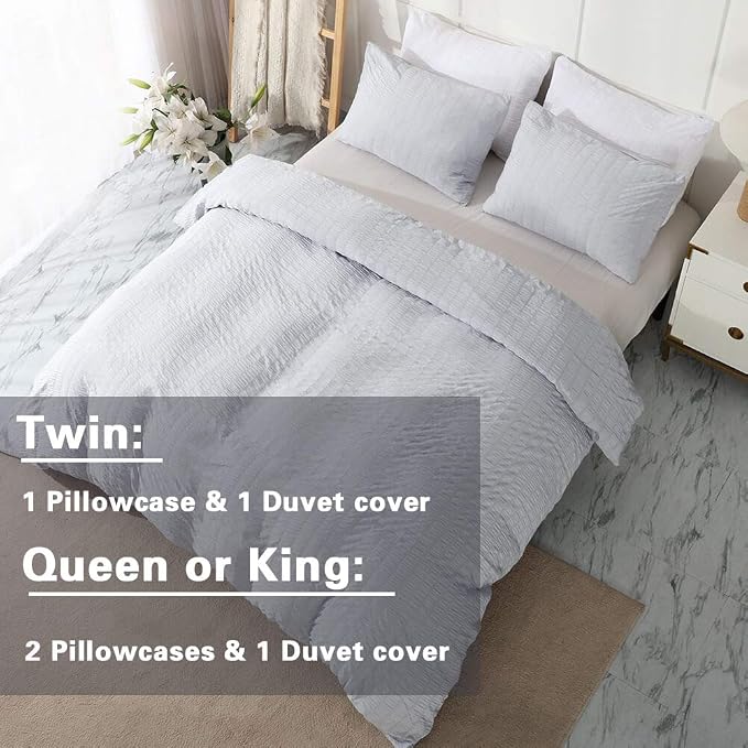 AveLom Light Gray Duvet Cover King, 3 Pieces, Seersucker Striped Soft Washed - Image 6
