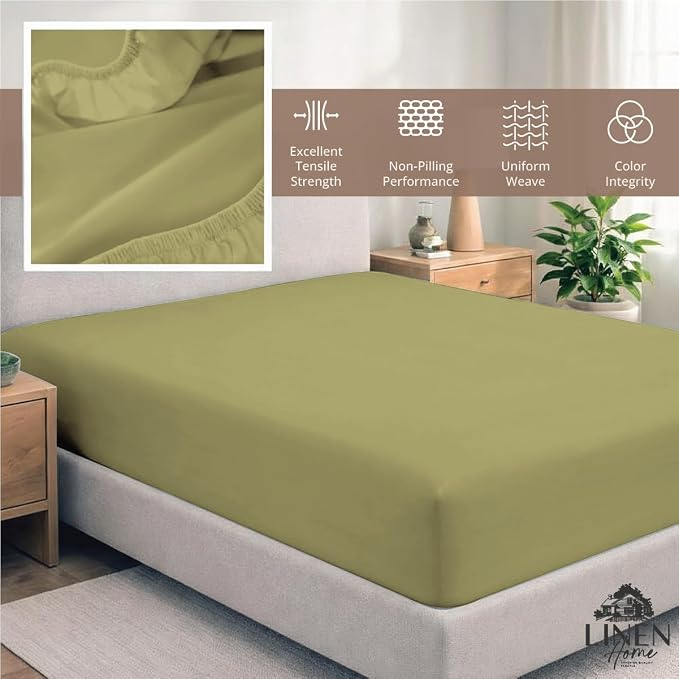 Linen Home 100% Cotton Percale Weave Fitted Sheet, Queen Size, Oil Green - Image 5