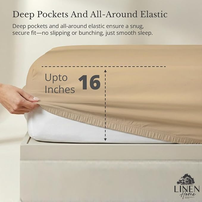 Linen Home 100% Cotton Percale Weave Fitted Sheet, Full Size, Light Taupe - Image 2