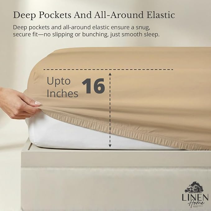 Linen Home 100% Cotton Percale Weave Fitted Sheet, King Size, Light Taupe - Image 2