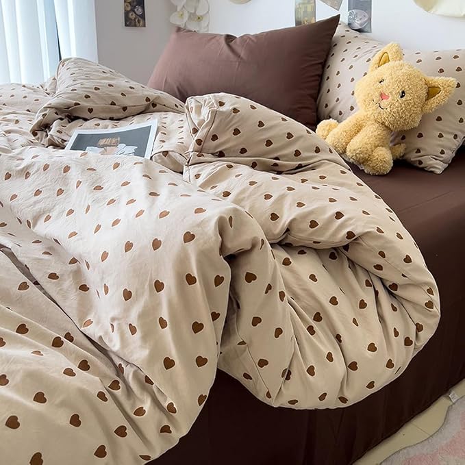 Nayoroom Brown Heart Duvet Cover King Size Vintage Hearts Printed on Taupe - Image 2