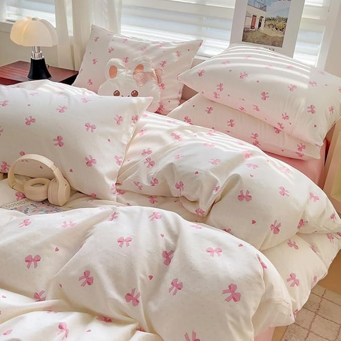 Nayoroom Pink Bow Duvet Cover Queen Size Heart Bows Printed Coquette Bedding - Image 6