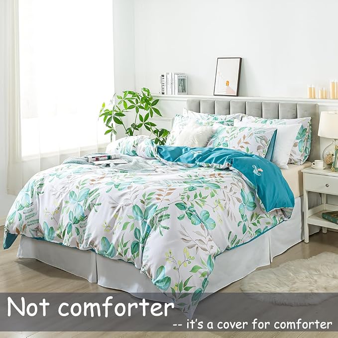 FADFAY Botanical Duvet Cover Sets King/Cal King Size 100% Cotton Teal Green - Image 2
