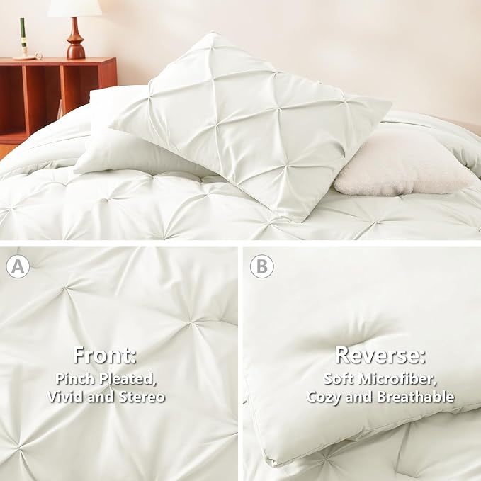 HIMEET Pintuck Bed in a Bag, 7 Pieces Queen Size Comforter Set Ivory, Luxury - Image 3