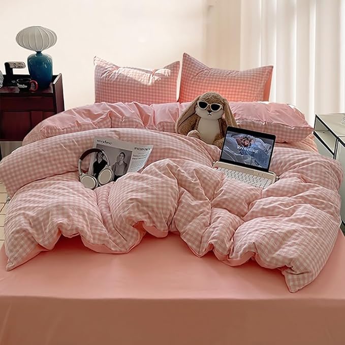 Nayoroom Pink Gingham Duvet Cover Queen Size Reversible Plaid Checkered Duvet - Image 5