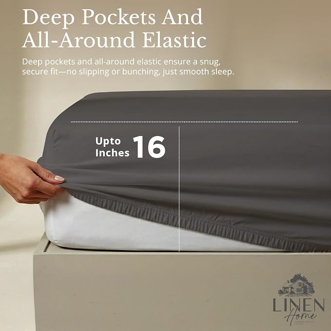 Linen Home 100% Cotton Percale Sheets Queen Size, Smoky Charcoal, Deep Pocket - Image 4
