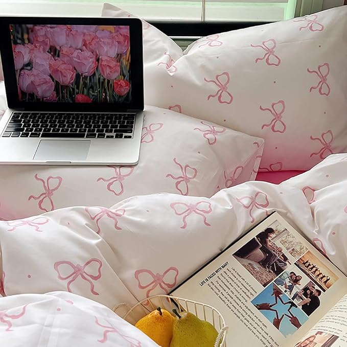 Nayoroom Pink Bow Duvet Cover Queen Size Polka Dot Bowknot Coquette Duvet Cover - Image 7