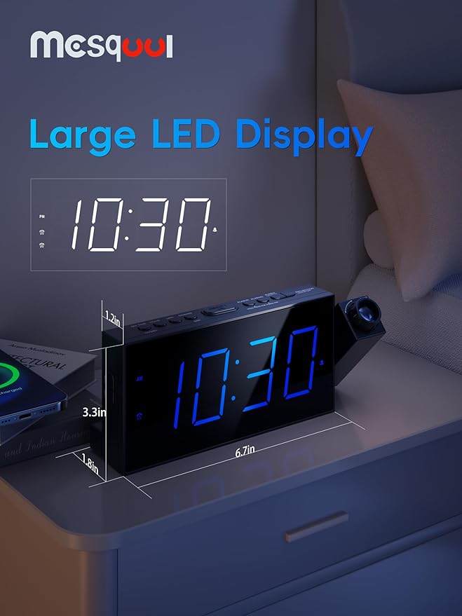 Mesqool Projection Alarm Clock, Loud Vibrating Alarm Clock - Image 2