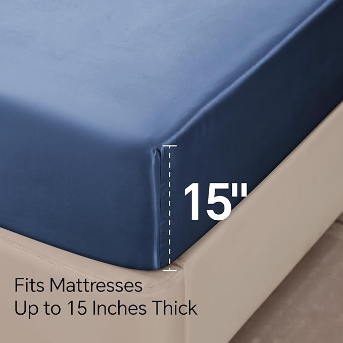 BEDELITE Satin Sheets Twin XL Size Bed Set, Luxury Soft Navy Silky Sheets - Image 6