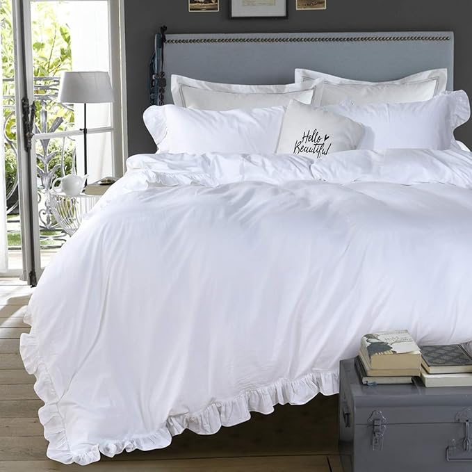 Queen's House White Ruffle Twin Duvet Cover, Washed Cotton Shabby Boho Chic by QSH