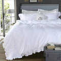 QSH Washed Cotton Ruffled King Duvet Cover Set, Vintage White Shabby Boho Chic by QSH