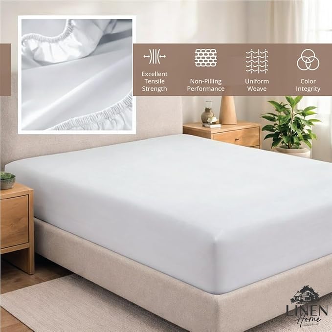 Linen Home 100% Cotton Percale Weave Fitted Sheet, Full Size, Snow White - Image 4
