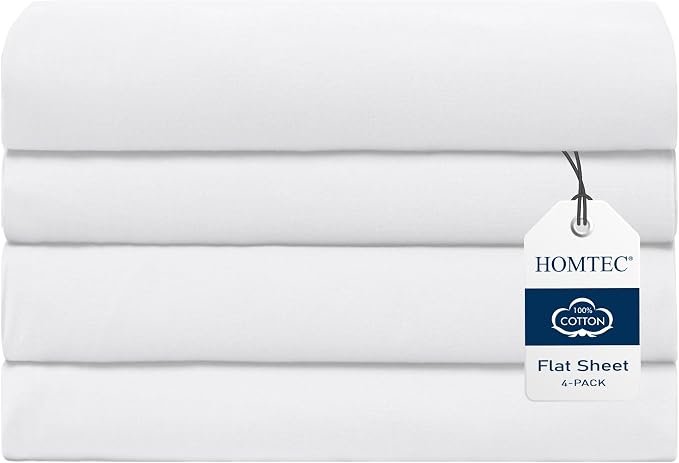 Queen Size Flat Sheet 4 Pack, 100% Cotton Percale Flat Bed Sheet, Breathable by HOMTEC