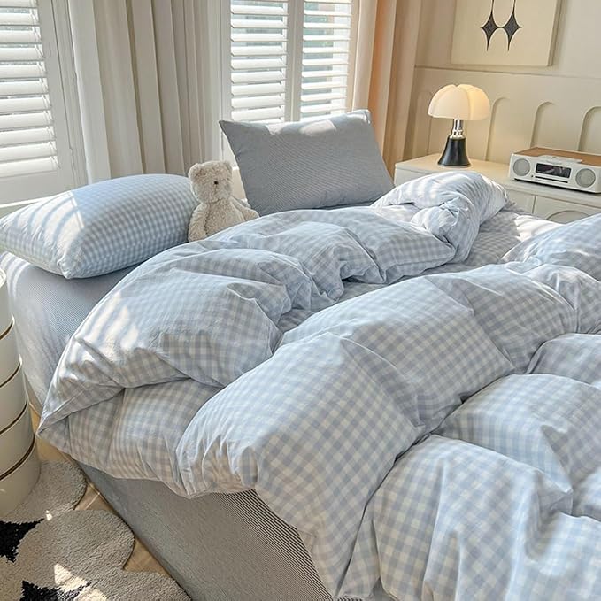 Nayoroom Gingham Duvet Cover Twin Size Blue White Plaid Checkered Comforter - Image 2