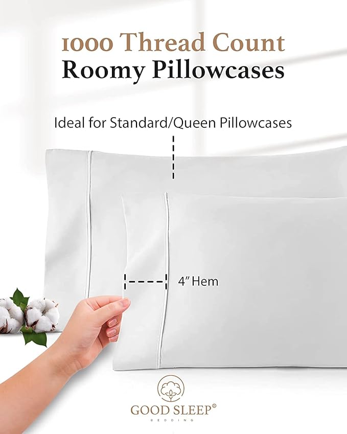 1000 TC White Standard Pillowcases Set of 4 100% Egyptian Cotton Pillow Cases - Image 3