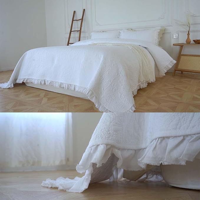 Brandream White Quilts King Size Cotton Matelasse Coverlet Set Cottagecore - Image 2
