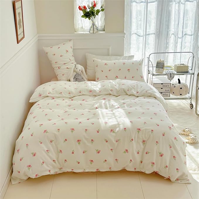 Nayoroom Pink Floral Duvet Cover Queen Size Cute Tulip Printed on White - Image 3