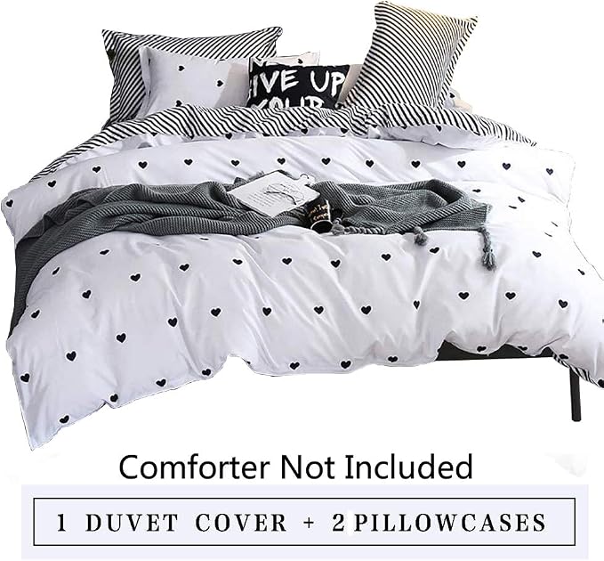 Omelas Kids Heart Love Twin Duvet Cover Set Black and White Teens Girls Lovely - Image 7
