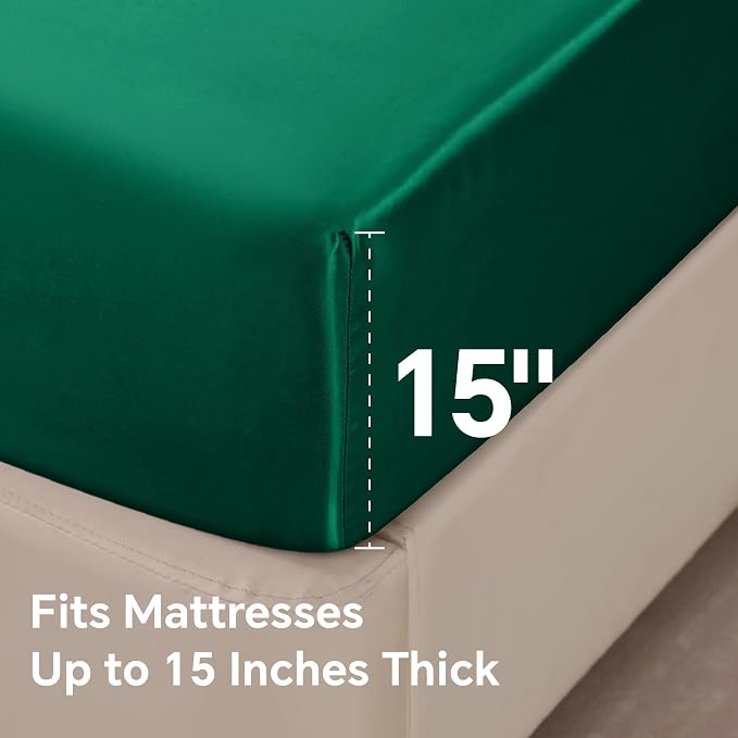 BEDELITE Satin Sheets Full Size Bed Set, Luxury Soft Dark Green Silky Sheets - Image 6