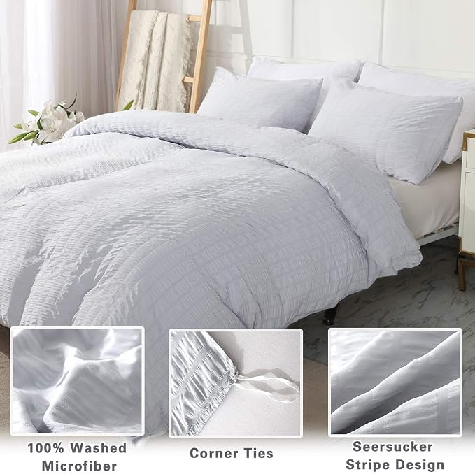 AveLom Light Gray Duvet Cover Full, 3 Pieces, Seersucker Tripe Soft Washed - Image 2