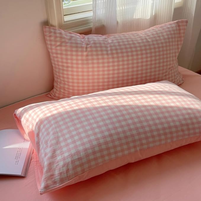 Nayoroom Pink Gingham Duvet Cover Queen Size Reversible Plaid Checkered Duvet - Image 6