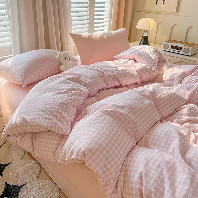 Nayoroom Gingham Duvet Cover King Size Pink White Plaid Checkered Comforter - Image 3