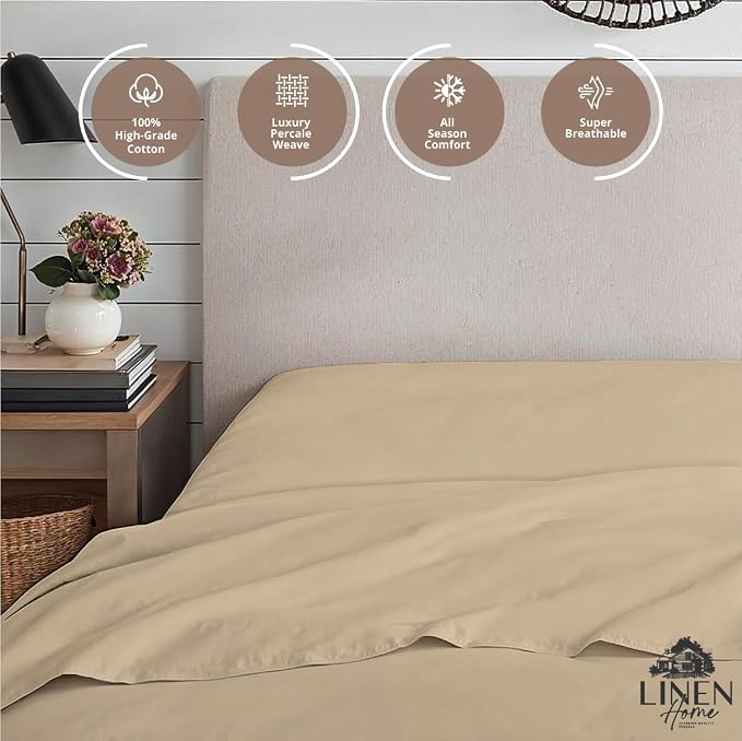 Linen Home 100% Cotton Percale Weave Fitted Sheet, Twin Size, Light Taupe - Image 3