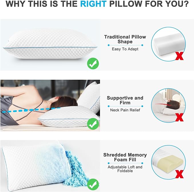 VVZ Cooling Bed Pillows Queen Size Set of 2, Shredded Memory Foam Pillows - Image 3