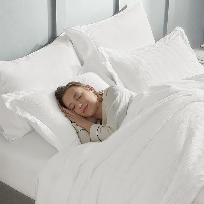 CozyLux Queen Comforter Set White Seersucker 7 Pieces Bed in a Bag Queen - Image 9