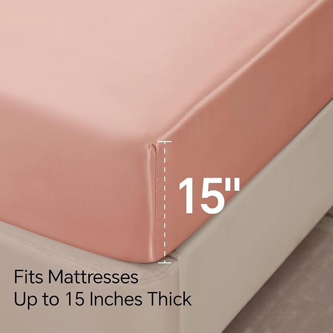 BEDELITE Satin Sheets Full Size Bed Set, Luxury Soft Coral Pink Silky Sheets - Image 6